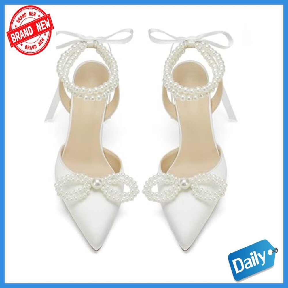 Pearl Ankle Strap Wedding Heels Satin Pumps Size 7 - Picture 2 of 5